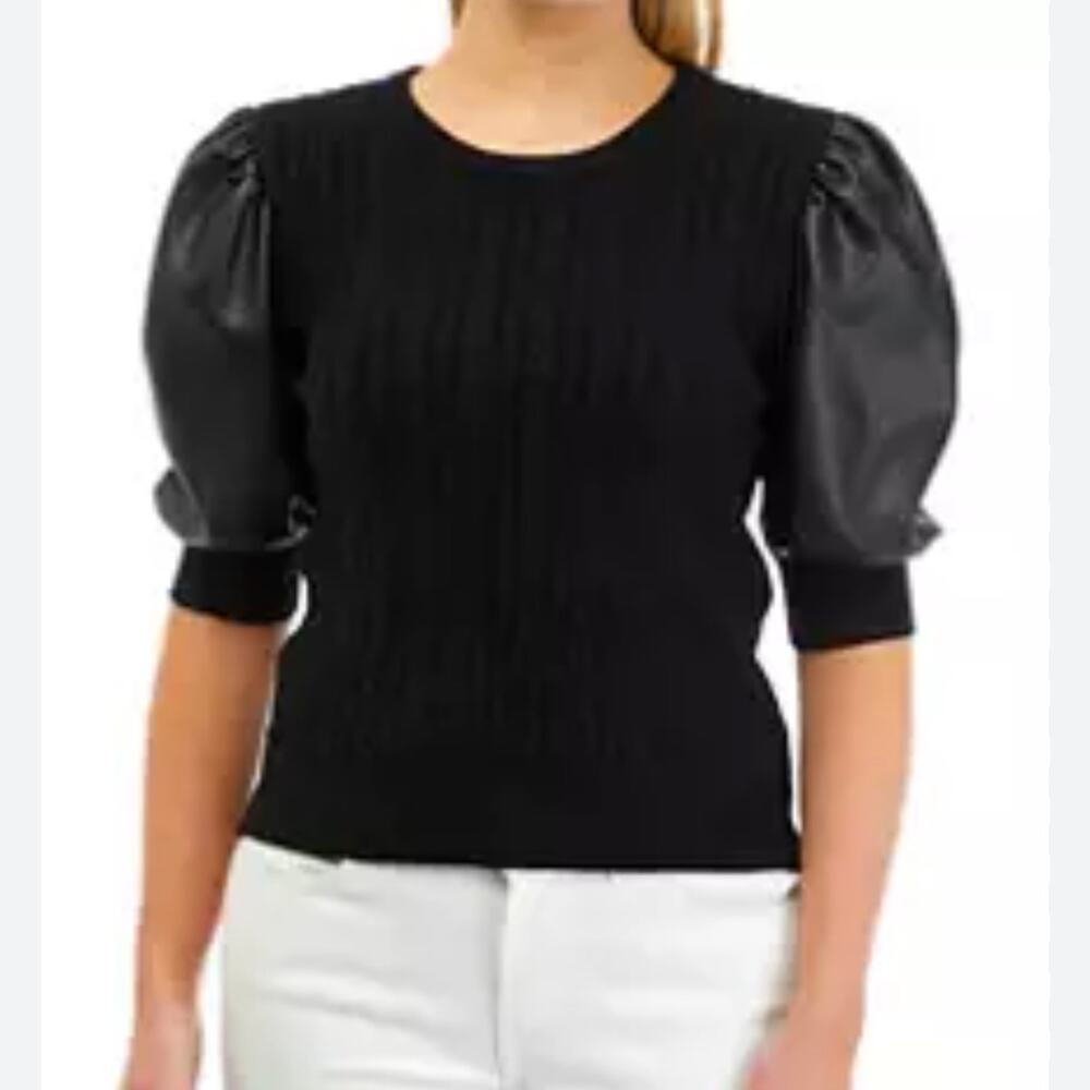 Philosophy Black Mixed Media Faux Leather Puff Sleeve Cable Knit Sweater NWT S